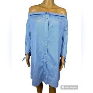 New York & Company Blue & White Striped Off-Shoulder Shirt Dress  Size Large